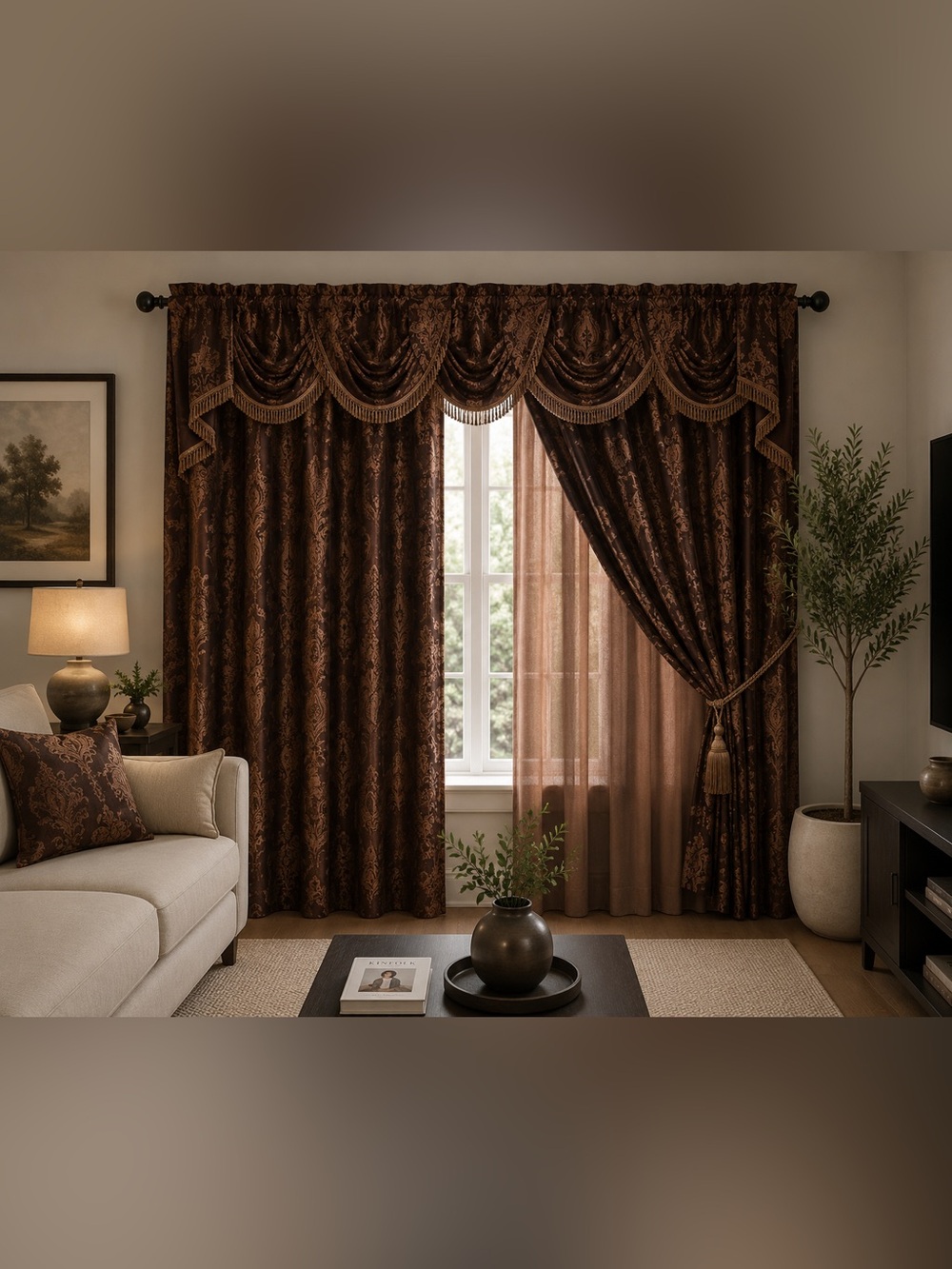 Elegant Brown Damask Window Curtain Panel with Sheer